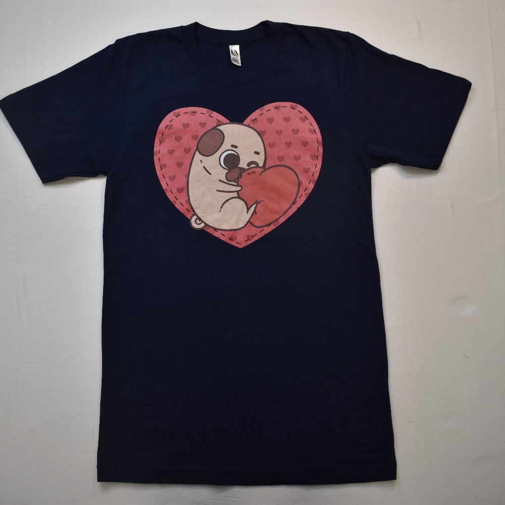 Puglie Pug Mens Puglie Heart Graphic Navy Blue Shirt New
